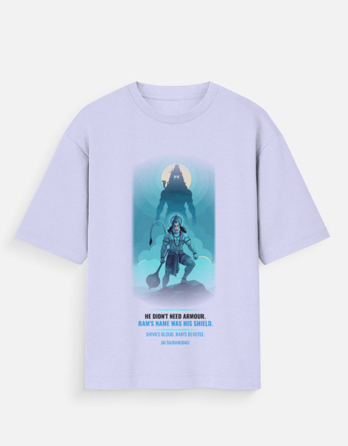 The Shield of Ram oversized tee back view – Hanuman mythology DesiThreads