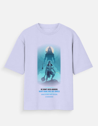The Shield of Ram oversized tee back view – Hanuman mythology DesiThreads