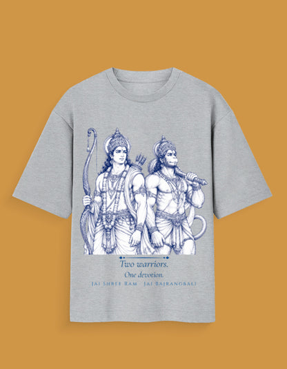 Two Warriors One Devotion oversized t-shirt back – Ram Hanuman mythology DesiThreads India