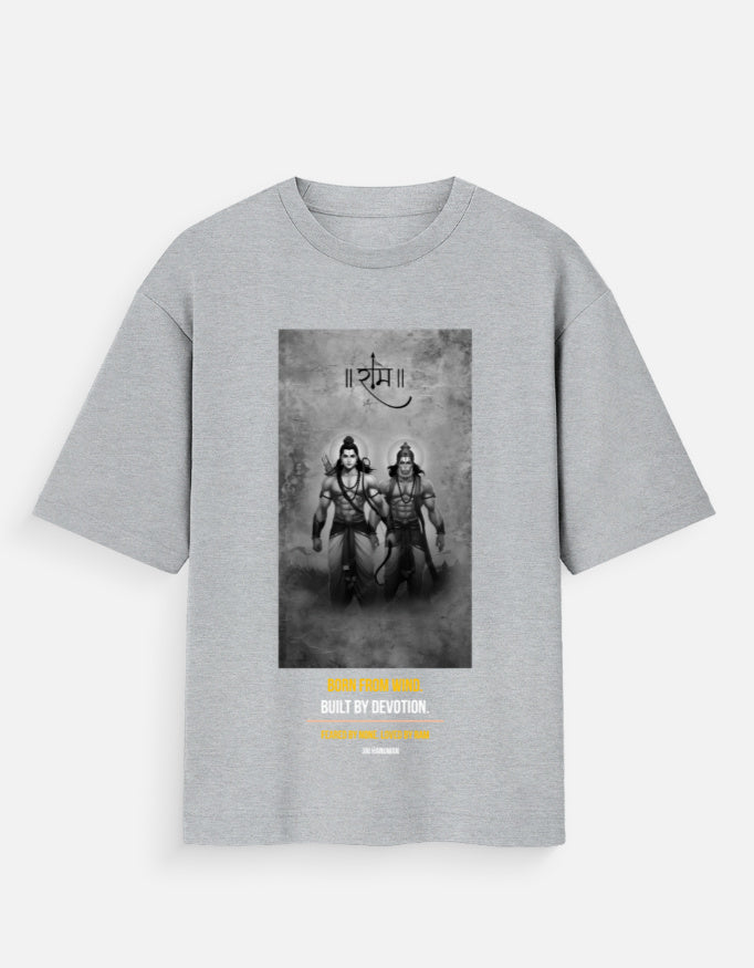 The Divine Bond oversized tee black – Lord Ram Hanuman grayscale graphic tee India