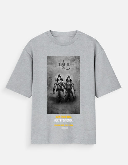 The Divine Bond oversized tee black – Lord Ram Hanuman grayscale graphic tee India