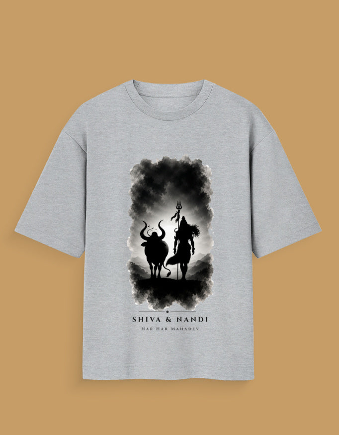 Shiva and Nandi oversized tee front – Mahadev Nandi loyalty spiritual streetwear DesiThreads India