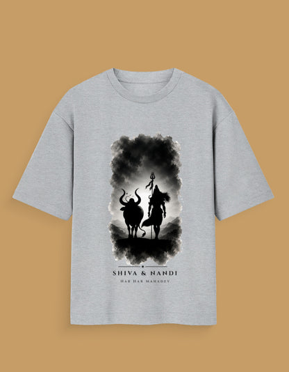Shiva and Nandi oversized tee front – Mahadev Nandi loyalty spiritual streetwear DesiThreads India