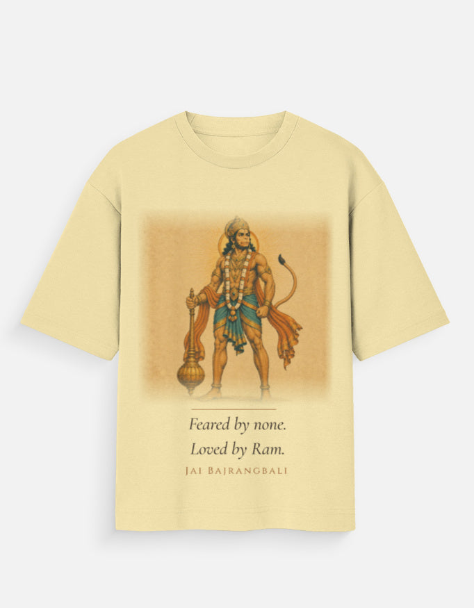 Feared By None oversized tee front – Hanuman devotion spiritual streetwear DesiThreads