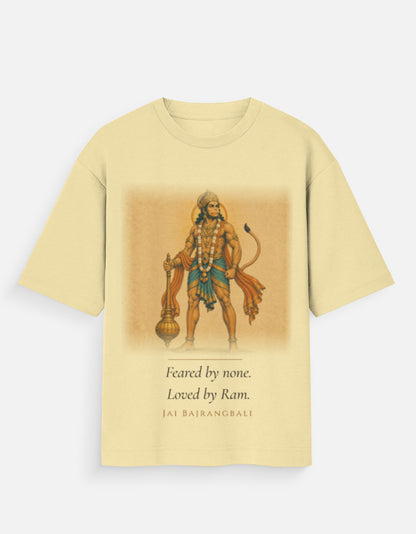 Feared By None oversized tee front – Hanuman devotion spiritual streetwear DesiThreads