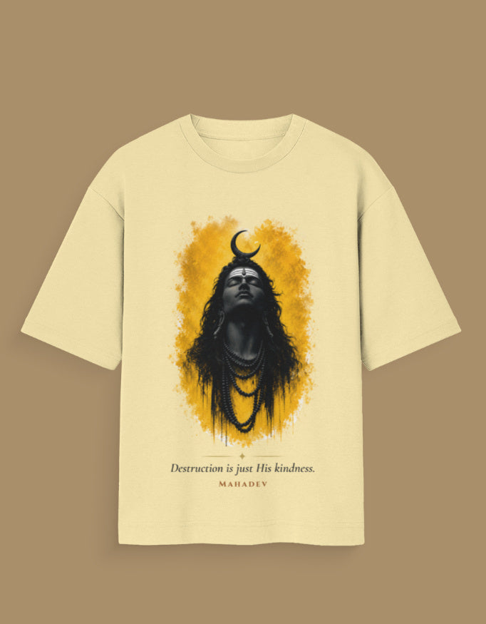 Destruction Is Just His Kindness oversized t-shirt in beige – Mahadev transformation mythology graphic tee DesiThreads