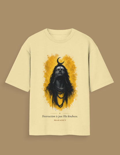 Destruction Is Just His Kindness oversized t-shirt in beige – Mahadev transformation mythology graphic tee DesiThreads